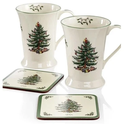 Spode Árbol de Navidad 2 Tazas y 2 Posavasos Set de Regalo Vacaciones Festivas 10.5" NUEVO Foto 1 de 4