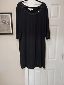 Silhouetten rund glänzend Perlenausschnitt 3/4 Ärmel Satin Säume Partykleid schwarz 1X - Bild 1 von 5