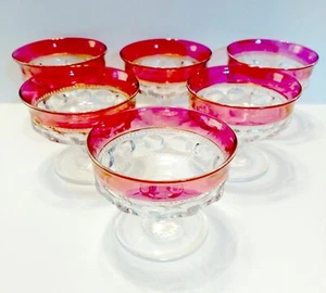 Vintage Tiffin King’s Crown Cranberry Thumbprint Sherbet / Desert Glass Set of 6 - Picture 1 of 16