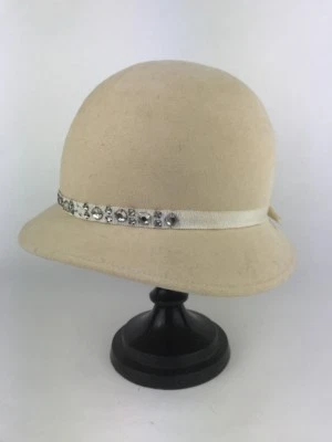 Vintage Fabiani Ivory Cloche Bucket Hat Rhinestone Band 20 3/4” Circumference - Image 1 of 4