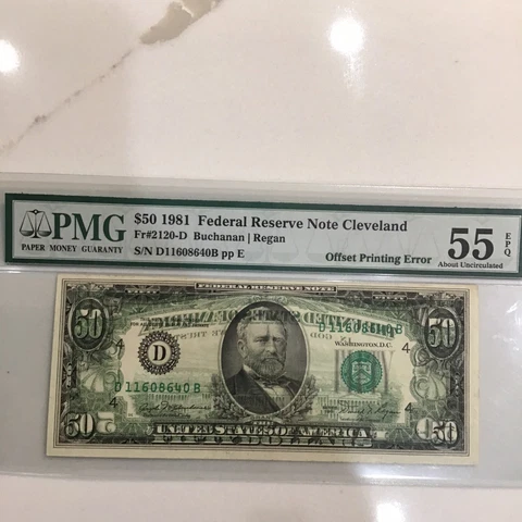 FR#2120-D $50.00 1981 Offset Printing Error PMG,About Unc 55EPQ.Full Offset Back Cover