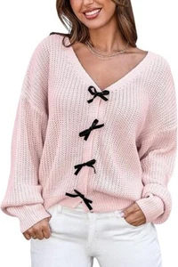 CUPSHE Womens Long Sleeve Bow Sweater Crochet Knit V-Neck Trendy Fall Pullover S - Picture 1 of 10