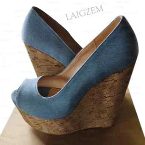 Women Pumps Denim Platform Wedges Peep Toe Slip On High Heels Pumps Shoes Woman - Picture 1 of 5