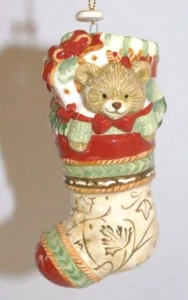 2012 Fitz & Floyd Bountiful Holiday Teddy Bear and Doll Stocking Ornament in Box - Picture 1 of 9