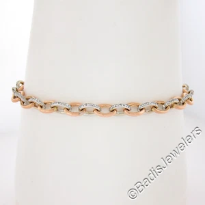 18K Rose & White Gold 7.25" Open Oval Link w/ 1ctw Pave Diamonds Links Bracelet - Picture 1 of 5
