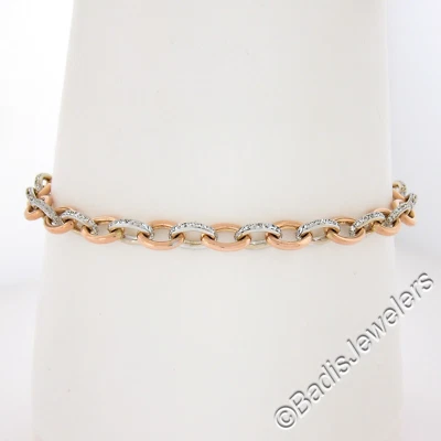18K Rose & White Gold 7.25" Open Oval Link w/ 1ctw Pave Diamonds Links Bracelet - Image 1 of 4