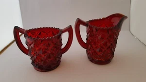 Rare Imperial Glass Little Jewel Diamond Block Red Ruby Creamer & Sugar - Picture 1 of 4