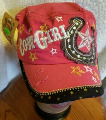 Cowgirl Hat Cap Pink Distressed Horseshoe Star Leader Adjustable - Image 1 of 4