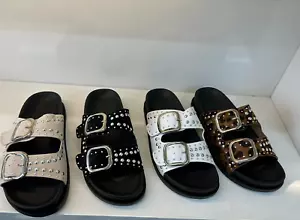 WOMENS LADIES FLAT STUDS BUCKLE CHUNKY FLATFORM SLIP ON SLIDERS SLIDES SANDALS - Picture 1 of 6