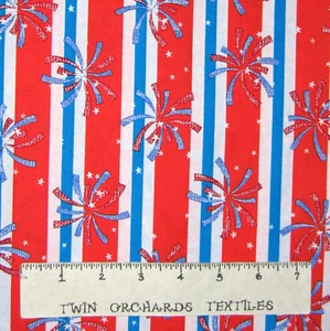 Patriotic Fabric - Fireworks on Red White & Blue Stripe - Cotton 1.75 YARD - Picture 1 of 1