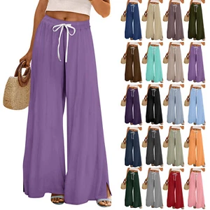Womens Drawstring Waist Wide Leg Loose Trousers Solid Palazzo Pants Beach Pants - Picture 1 of 73