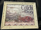 Catch Of The Day Fish Picture Wood Frame Wall Art 17x14 Distressed Frame EUC