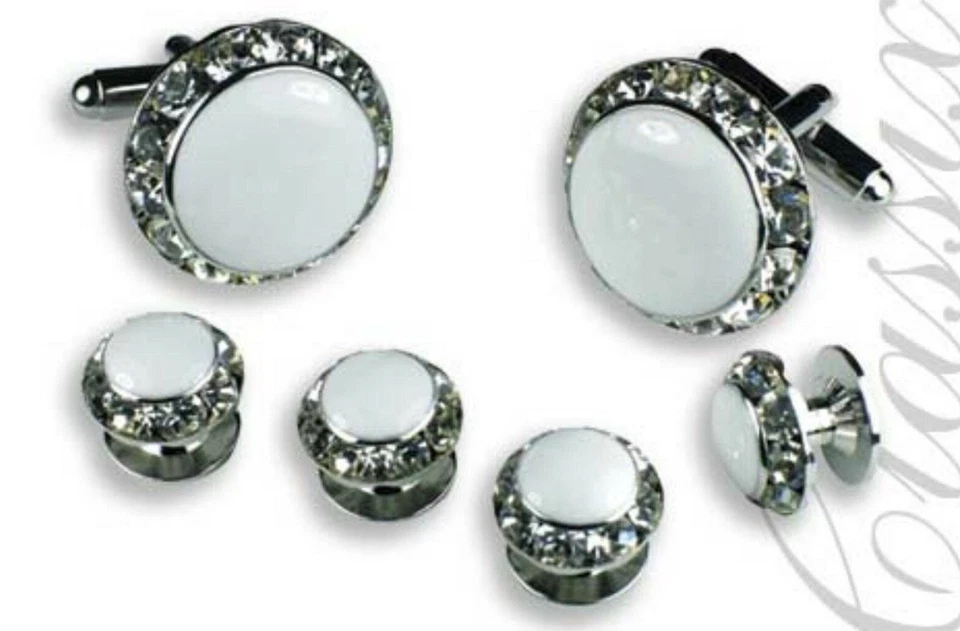 Tachuelas y gemelos con borde de cristal austriaco centro de piedra esmaltada blanca con adornos dorados Foto 1 de 1