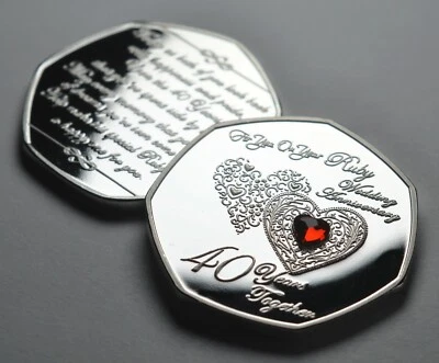 40th WEDDING ANNIVERSARY Silver Commemorative with Ruby Gemstone Gift/Present - Image 1 of 4