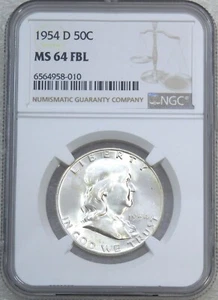 Medio dólar Franklin 1954-D NGC MS64FBL líneas de campana completas blanco escarchado PQ #B84A - Imagen 1 de 4