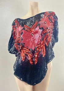 Vintage 80er schwarz Pailletten Blumen Seide Top Castlecore Glam Statement Bluse M - Bild 1 von 11