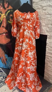 Vintage 60s 70s Hawaiian Orange Floral Maxi Hostess Dress Made in Hawaii Size 14 - Picture 1 of 12