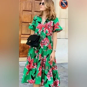 Zara Green Pink Floral Pattern Tiered Midi Dress size small - Picture 1 of 14