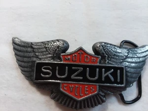 Vintage Suzuki Motor Cycle Belt Buckle Wings Logo Red Black Metal - Picture 1 of 3