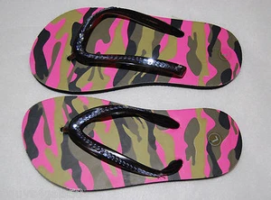 GIRLS FLIP FLOPS Pink Green Camouflage SILVER SEQUINS S 11-12 - Picture 1 of 1