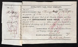 Housatonic Rail Road 1837 Stock Certificate Thomas Wells of New Milford, CT #143 - Bild 1 von 2
