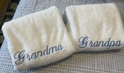 Grandma & Grandpa Embroidered Bath Towels White with Blue Preowned 48 X 26 1/2" - Image 1 of 4