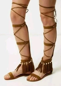 River Island Brown leather tassel Nina sandals strap up Pocahontas/Gladiator Uk6 - Picture 1 of 9