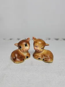 Vtg Japan Brown CALF Miniature Figurines Anthropomorphic Jersey Cow Calves 2pc - Picture 1 of 7
