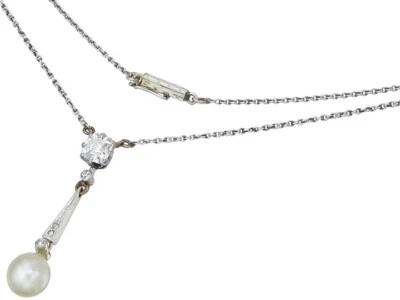 Collier Orientperle Diamant 585 Weissgold Antik ca. 1910-20 Zertifikat - Bild 1 von 4