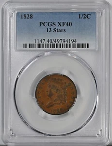 1828 1/2C 13 STARS Classic Head Half Cent PCGS XF 40 Graded 1147 Nice Coin - Picture 1 of 2