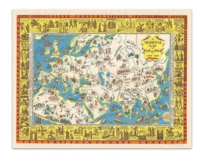 MAPA MEDIEVAL DE ORIENTE Y OESTE Mapa Pictórico Ilustración De Colección -Sin Marco- Impresión Foto 1 de 4