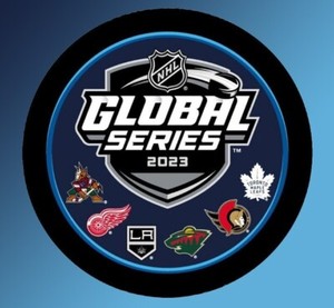 2023 NHL GLOBAL SERIES SOUVENIR SIX TEAM LOGO PUCK OFFICIAL STANLEY CUP FINAL