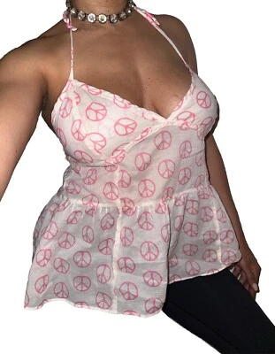 Y2K Babydoll Cami Top Rosa Victoria Secret Talla M Allover Peace Logo Halter Blanco Foto 1 de 4