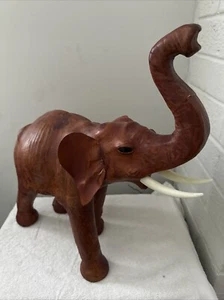 VTG Large Leather Elephant 16” Tall Statue Figure Tusks Good Luck Trunk Up - Picture 1 of 14