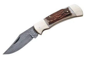 Folding Knife | Damascus Steel Blade Overall Stag Handle Classic Lockback - Picture 1 of 1