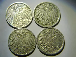 1902, 1903, 1904, 1908 5 Pfennig G/G/D/J - Germania - da molto buono a eccellente - Foto 1 di 10