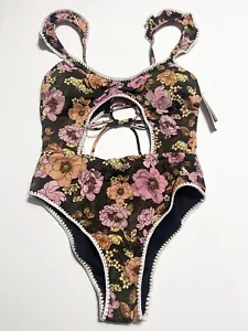 VICTORIA'S SECRET Floral One piece Women Swimsuit Black Sz S Ruffle Cutout NWT - Picture 1 of 13