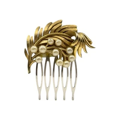 Bridal Hair Comb Wedding Hairpiece Vintage Jewelry Gold Leaf Pearl Accessories - Image 1 of 4