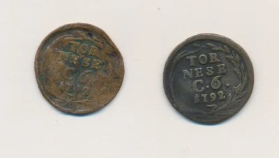 LOT OF 2 NAPLES 6 HORSES TORNESE 1792 - FERDINAND IV BOURBON COPPER COINS - Image 1 of 2