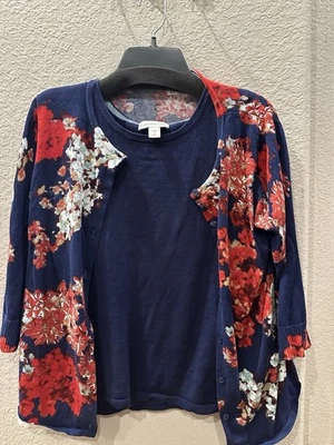 Coldwater Creek Floral Cardigan Cotton Blend Medium 10/12 Red Blue White - Image 1 of 4