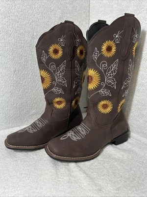 Womens US Sz 9 Western Sq Toe Mid Calf Embroidery Sunflower Cowgirl Boots - Image 1 of 4