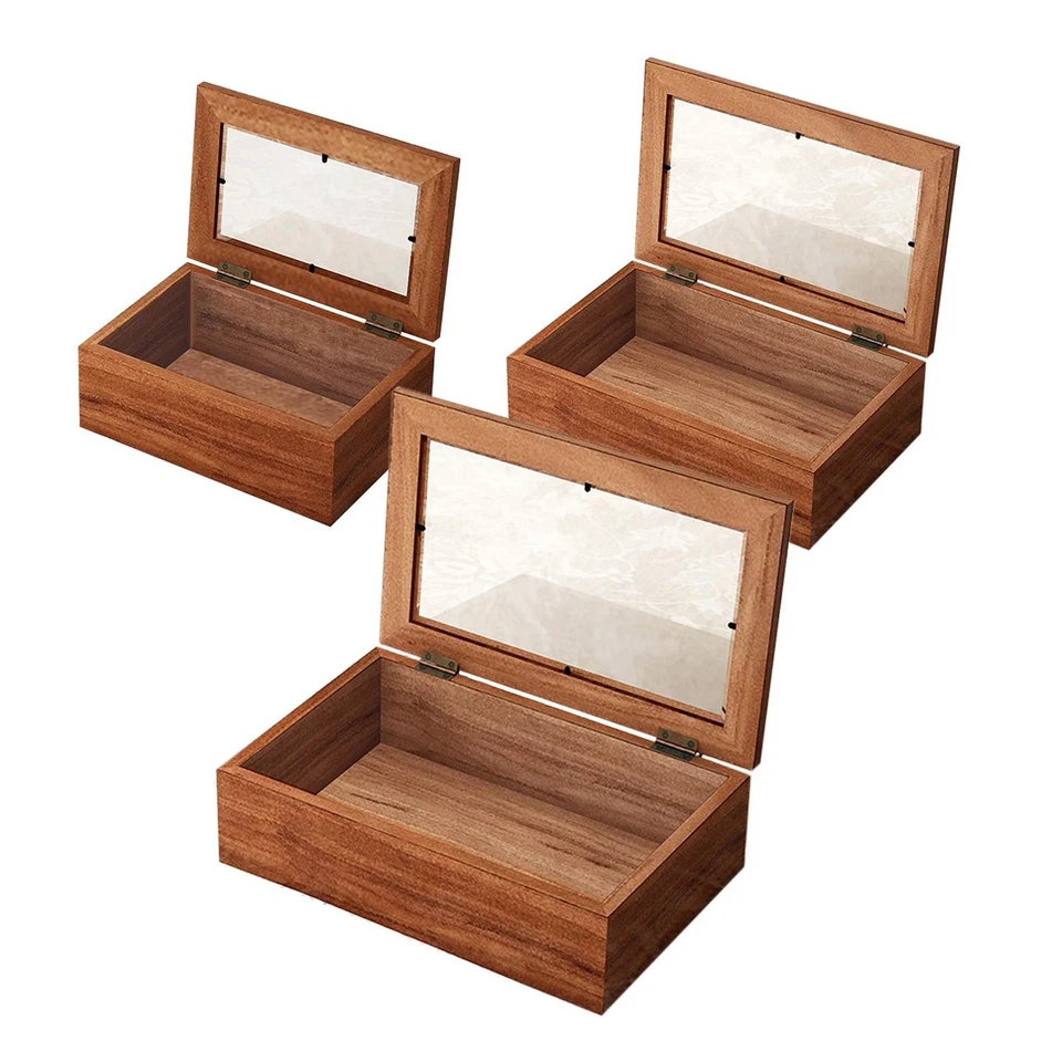Wood Storage Box with Glass Top Lid Multifunctional Rustic Rectangle Jewelry Box - Image 1 of 1