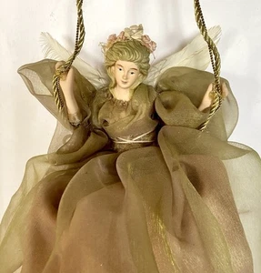 Vintage Angel Doll Figure Fairy On Gold Swing Hanging Decor 11” Whimsical - Picture 1 of 14