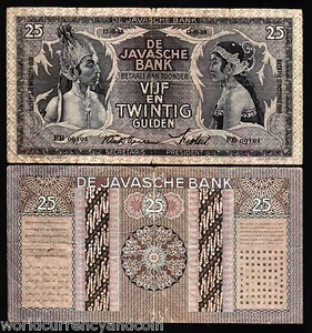 NETHERLANDS INDIES 25 GULDEN P-80 1938-1939 INDONESIA MONEY DUTCH DANCER NOTE - Picture 1 of 5