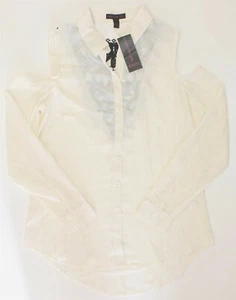 Material Girl Shirt Womens Small Ivory Open Shoulder Top Lace Back Button Up - Picture 1 of 3