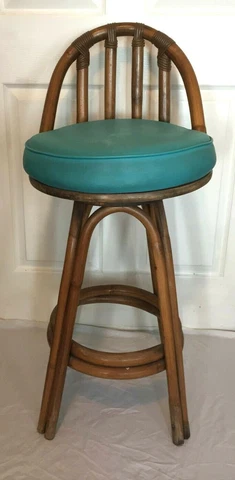 Vintage Mid Century Turquoise Vinyl Seat and Bamboo Swivel Bar Stool Chair Cover