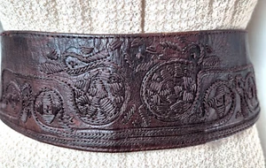 Vintage Belt Leather Double Wide Embossed Brown 2 Buckles Adjustable Large 1970s - Picture 1 of 9