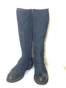 MINT. Vintage CHANEL mid high, black leather and denim combo long boots, CC mark - Picture 1 of 5