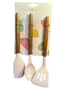 Phantom Chef 3-Piece Kitchen Utensil Set With Wooden Handles & Pink Silicone New - Picture 1 of 3