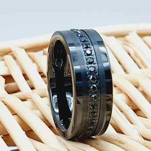 Men's Black Tungsten Ring – Black CZ Inlay Engagement & Valentine Wedding Band - Picture 1 of 7